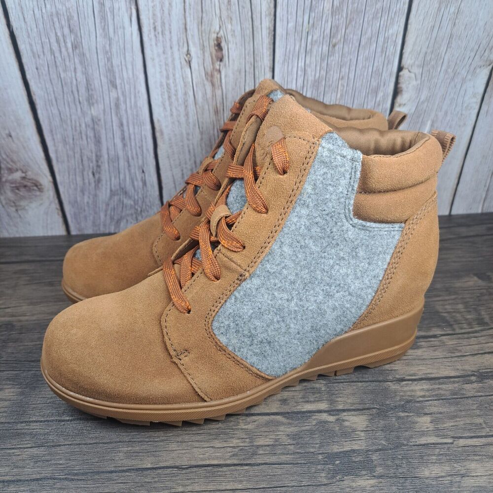 Sorel Evie Lace Up Wedge Leather Ankle Suede Bootie Women's Sz 8 Brown (VGC)